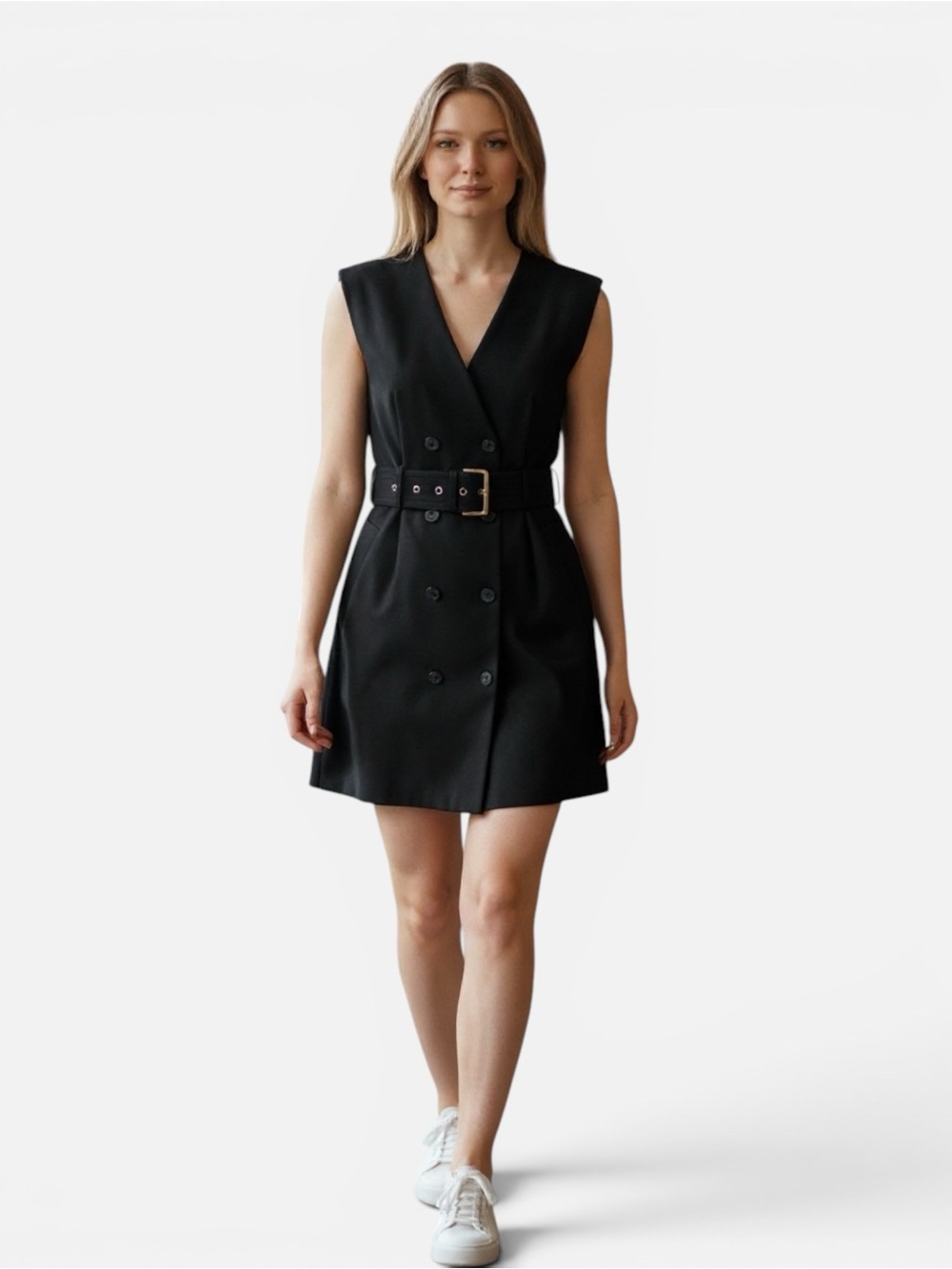 Calvin Klein Sleeveless Black Double-Breasted Belted Mini Dress